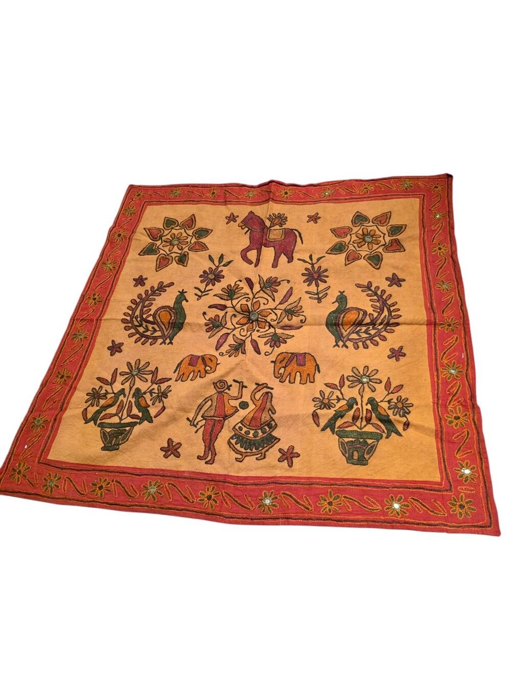 Vintage Indian Gujarati Chakla Embroidered Mirror Work Wall Hanging